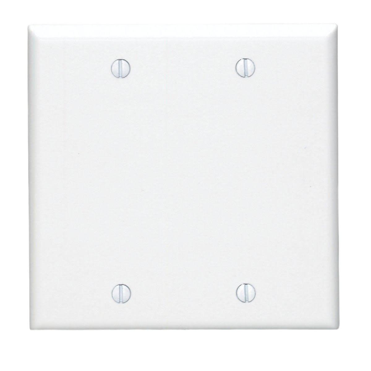 White thermoset blank wall plate with four mounting screws for residential tools and home improvement projects