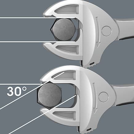 Close-up of silver self-setting spanner adjusting to grip hex bolt at a 30-degree angle for tools and home improvement tasks