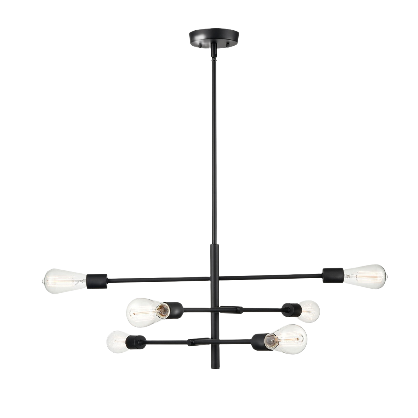 Matte black six-light pendant with asymmetric arms, ideal for pendant lighting and home improvement projects.