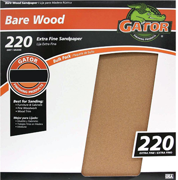 Gator extra fine 220-grit sandpaper sheet for smoothing bare wood in woodworking and home improvement projects