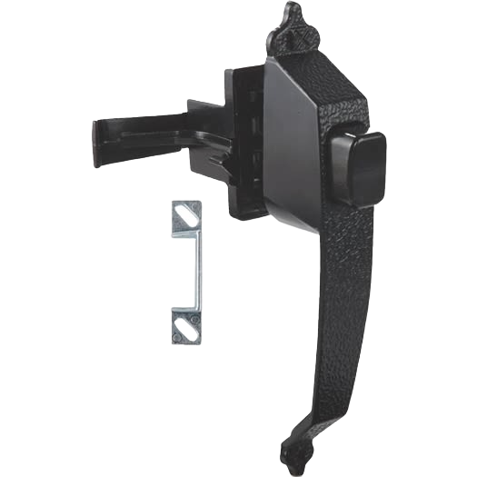 Black colonial-style push button latch with hammered finish for cabinet and furniture hardware in home improvement projects