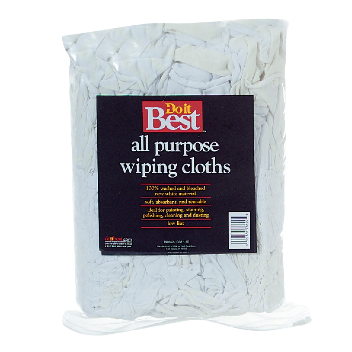 Clear plastic bag filled with white all-purpose wiping cloths for tools and home improvement use