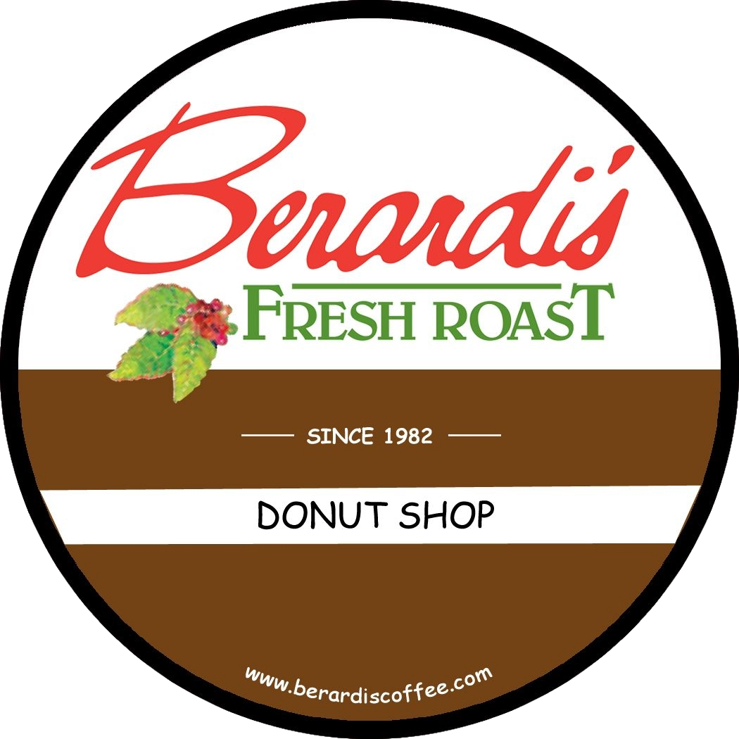 Circular coffee pod lid featuring Berardi’s Fresh Roast Donut Shop logo with cocoa brown and white stripes and green coffee leaves illustration