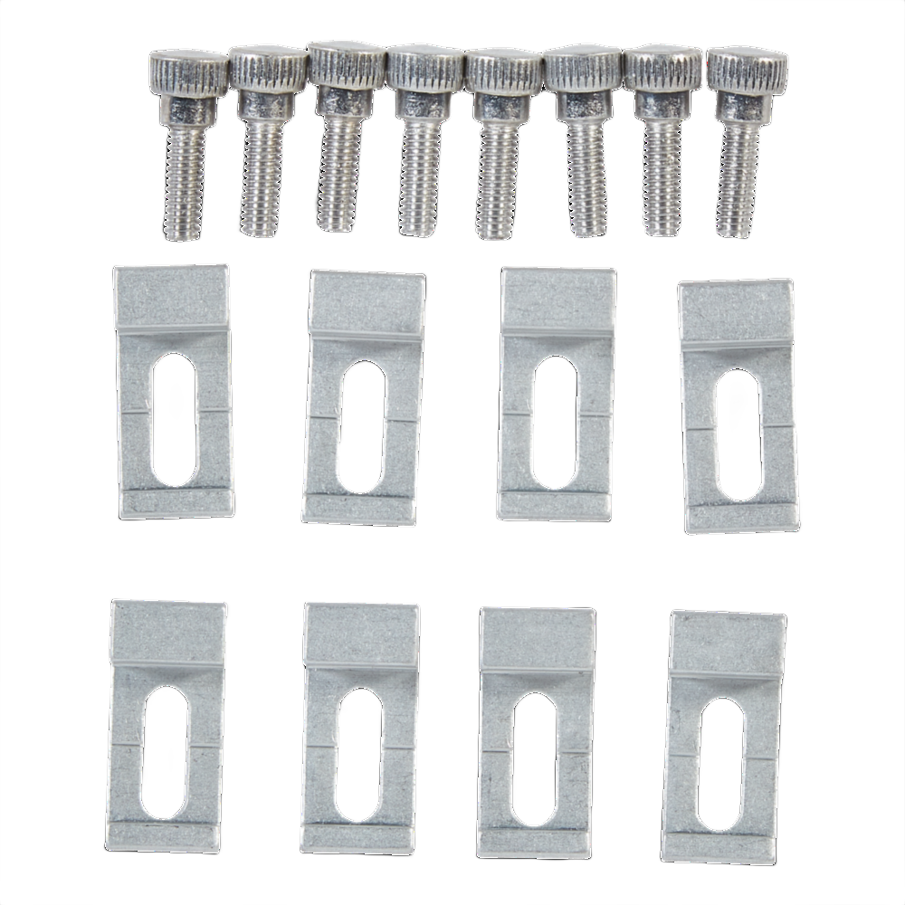 Set of eight extruded aluminum storm door clips with matching metal screws for door accessories and home improvement projects