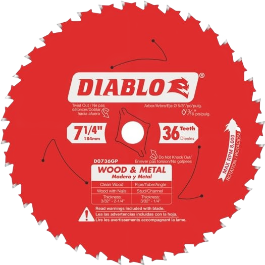 Red Diablo 7-1/4-inch carbide saw blade with 36 teeth for cutting wood and metal in home improvement tasks