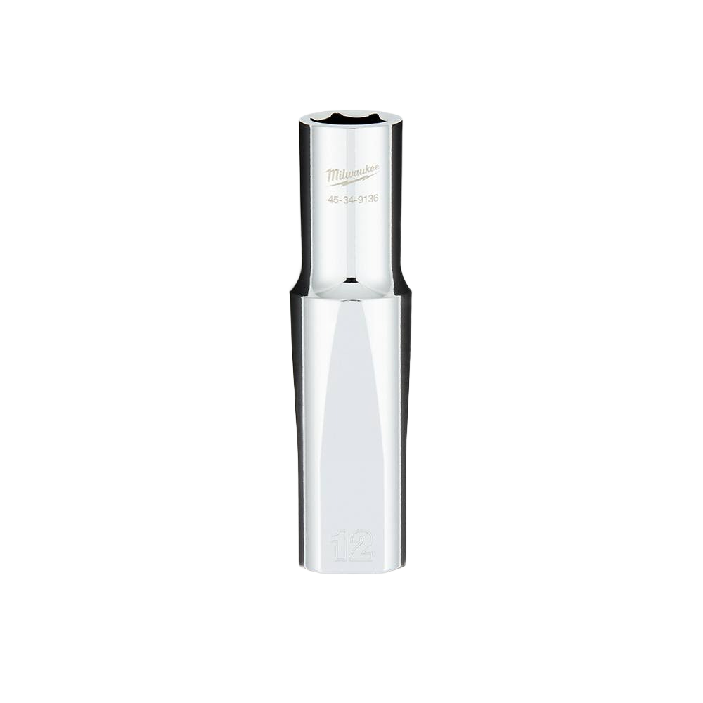 Polished 12-mm deep socket with four flat sides for secure grip in tools and home improvement tasks