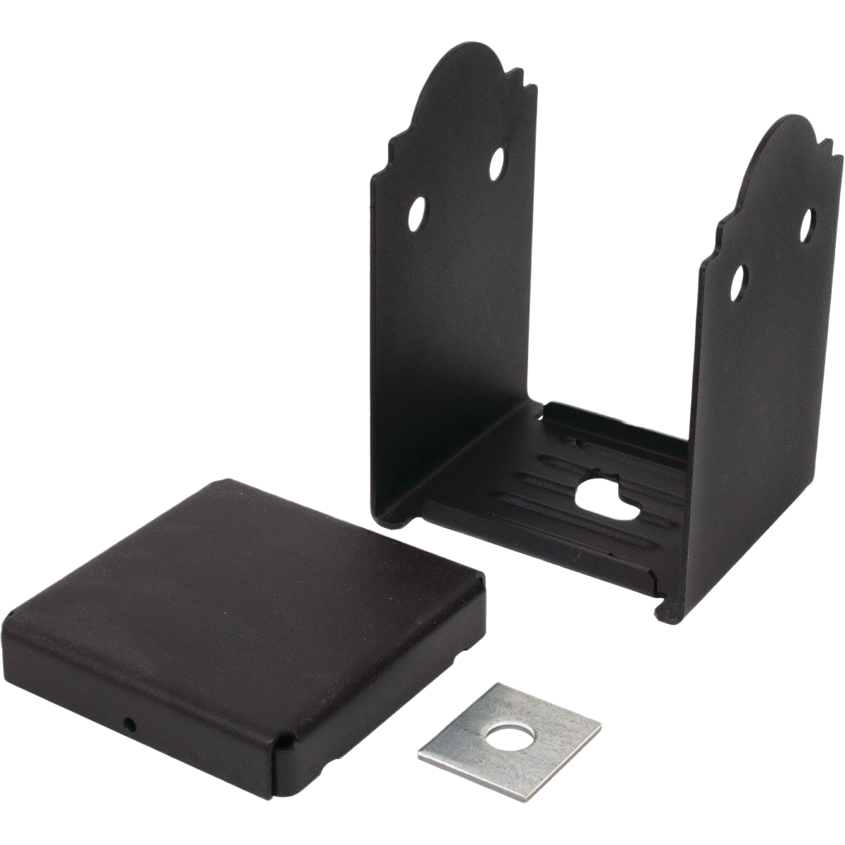 Black ZMAX coated post base bracket with protective cap and square washer for lumber and building materials collection