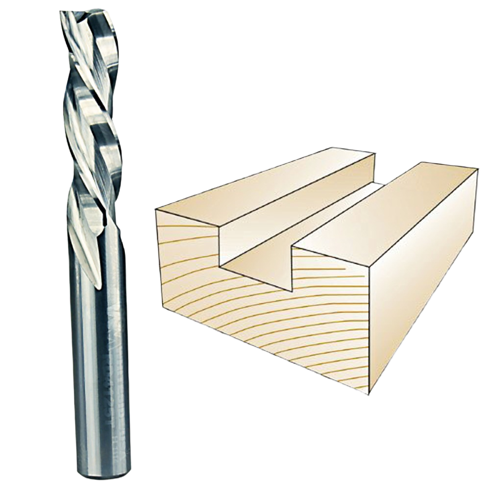 Three-flute spiral downcut router bit alongside a wood groove cut for precision woodworking tools collections