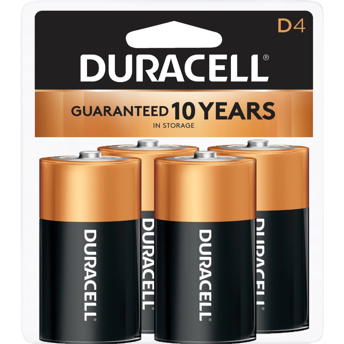 Pack of four Duracell copper-top D alkaline batteries with long-lasting power, part of household batteries collection