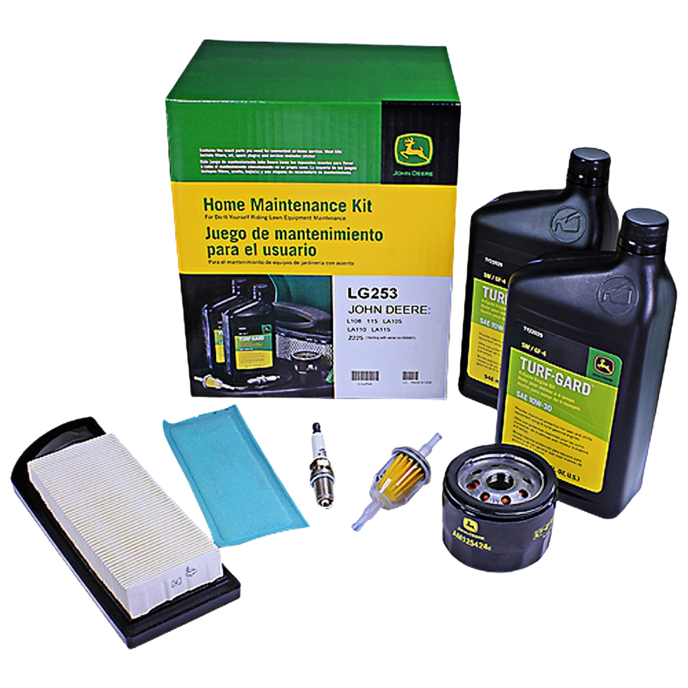 John Deere home maintenance kit with oil, filters, spark plug, and cleaning cloth for tools and home improvement tasks
