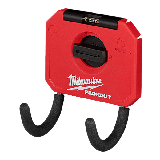 Red modular Milwaukee PACKOUT curved storage hook with secure mounting, designed for garage and workshop organization.