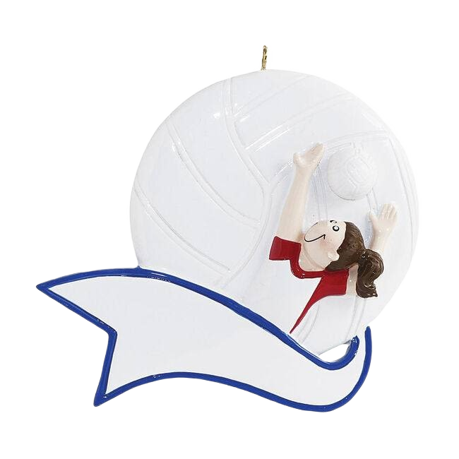 Personalized volleyball-themed Christmas ornament with girl serving ball and blank banner for custom name under $50 collection
