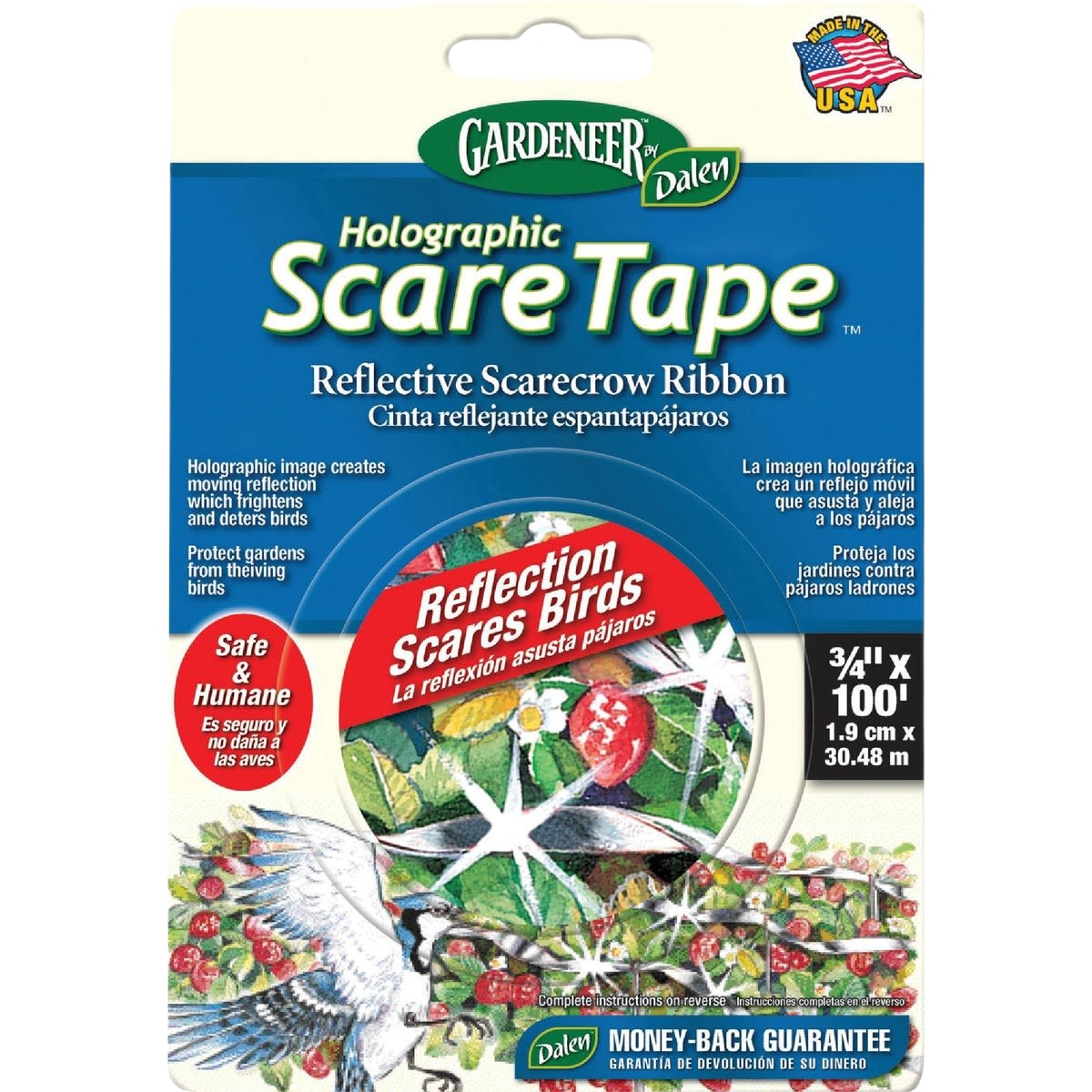 Package of Gardeneer reflective holographic bird deterrent tape for garden protection in outdoor living and lawn care