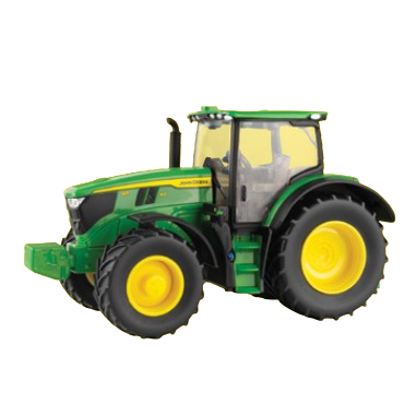Green and yellow 1:32 scale John Deere 6R 165 model tractor with detailed cab and large rear tires for display use