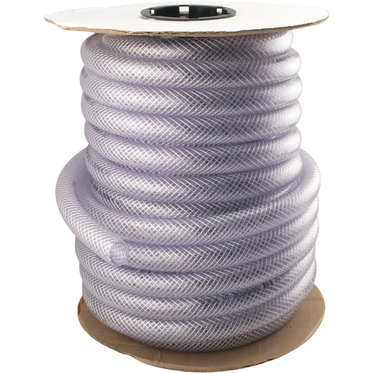Clear braided PVC tubing on a bulk spool for plumbing parts and repair in home improvement projects