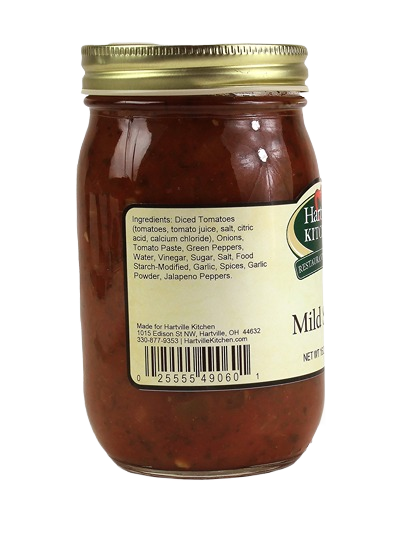 Glass jar of Hartville Kitchen mild salsa with gold lid in salsas and food & beverage under $50 collection