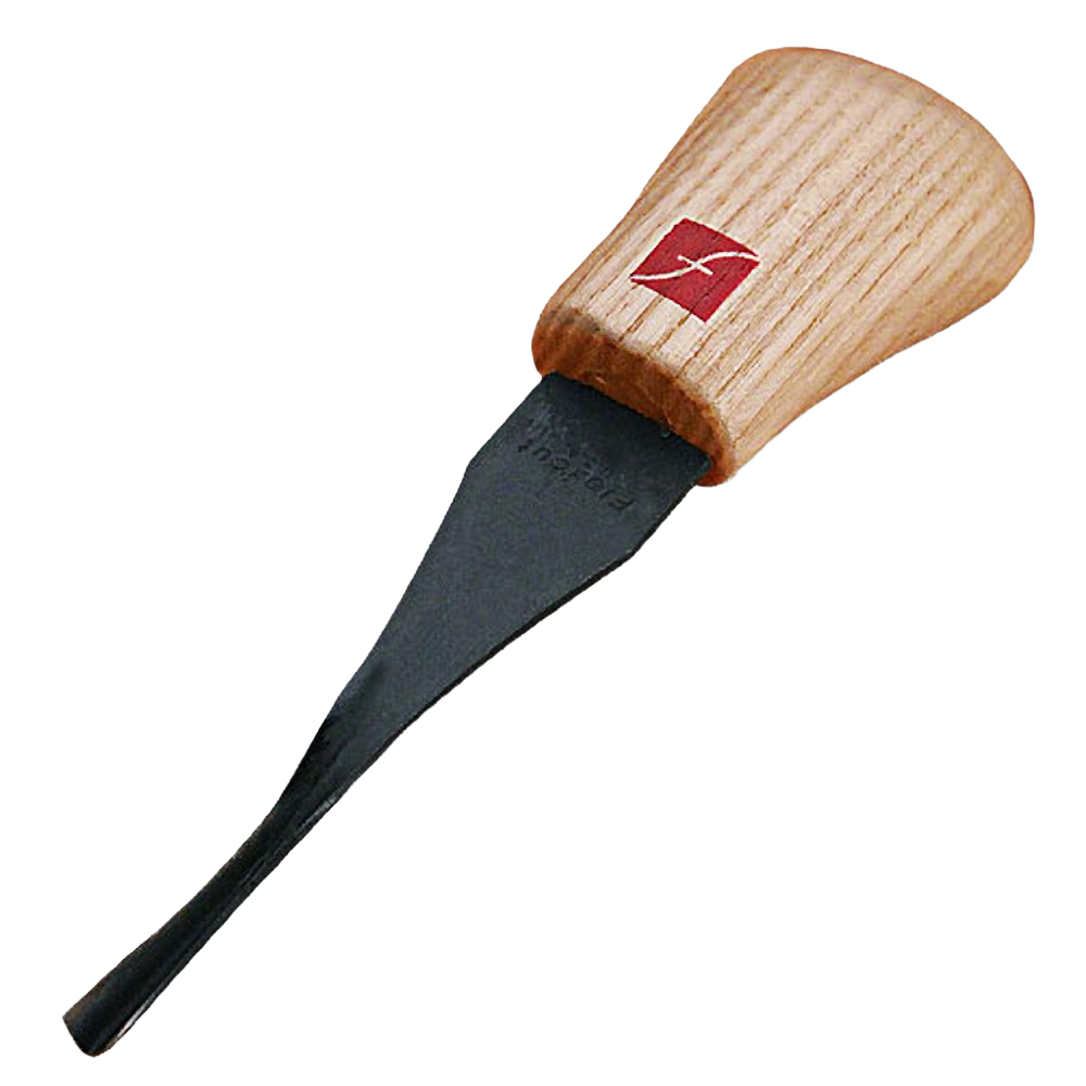 Wood-handled palm carving tool with sharp angled blade for precise woodworking and home improvement projects