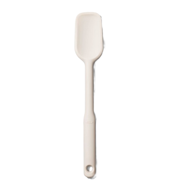 Neutral-colored silicone jar spatula with ergonomic handle for kitchen gadgets and cooking utensils collections under $50