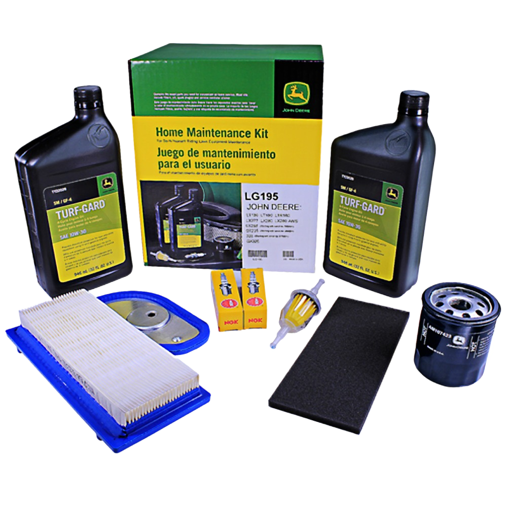 Assortment of filters, spark plugs, and oil containers in a green and yellow home maintenance kit for outdoor equipment