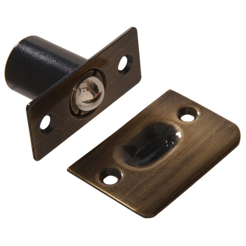 Antique brass-plated ball catch with two mounting plates for securing cabinet and furniture doors in hardware collections under $50