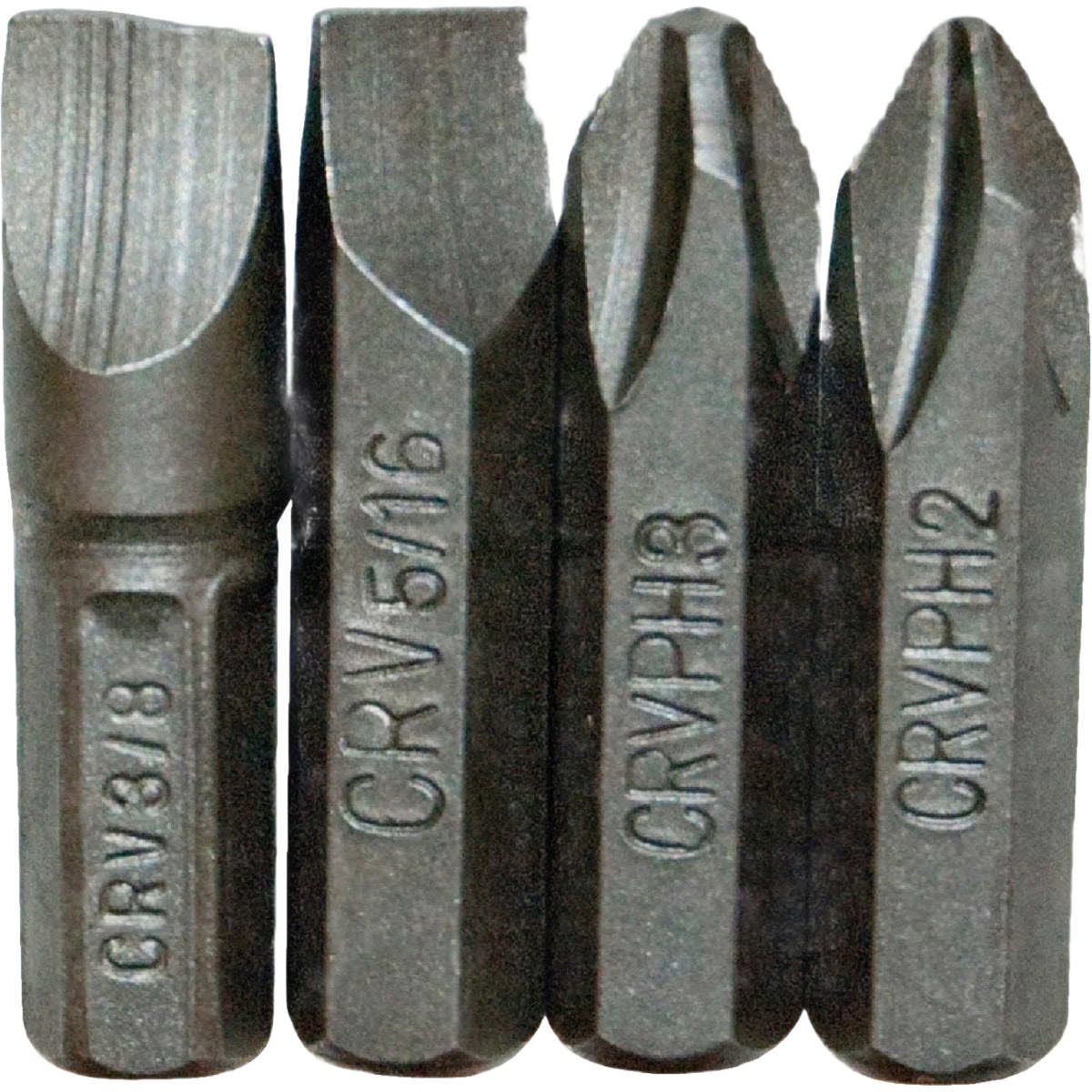 Set of four insert impact screwdriver bits in dark metal with flat and Phillips head styles for tool use.