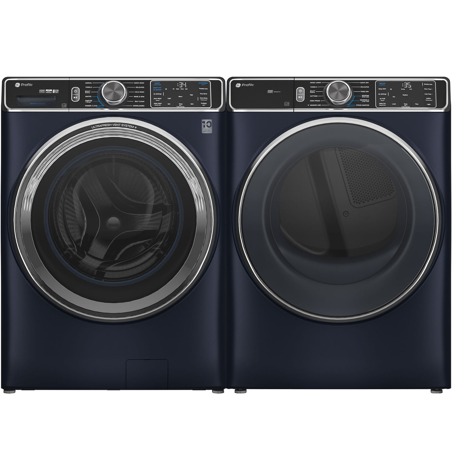 Dark blue front load smart washer and dryer set with digital controls in washers and dryers appliance collection