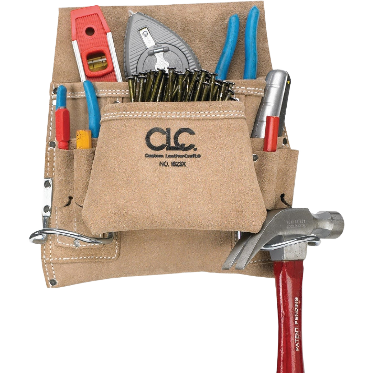 Suede carpenter’s tool bag with 8 pockets holding hammer, nails, pliers, level, chalk line, and pencil for home improvement tasks
