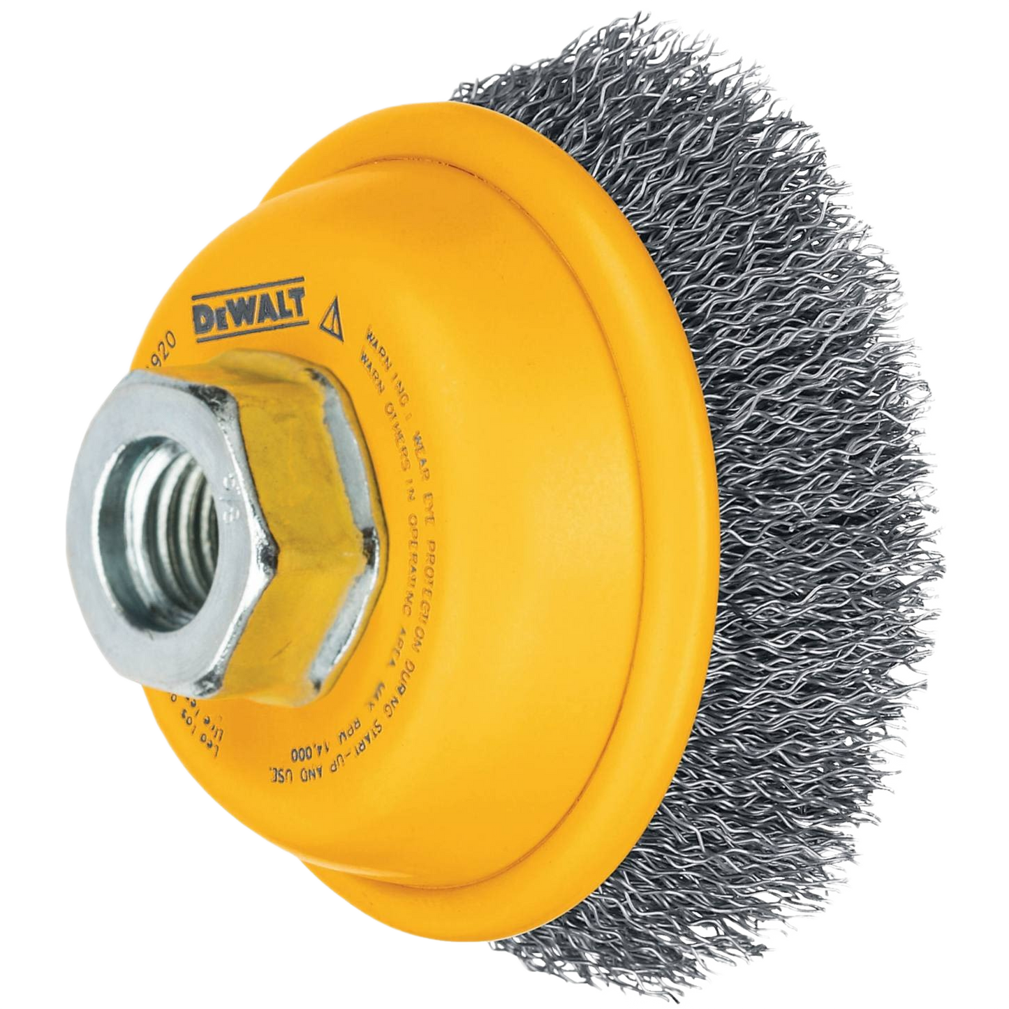 Yellow metal wire cup brush with carbon steel crimp wires for heavy-duty rust and paint removal in tool accessories collections