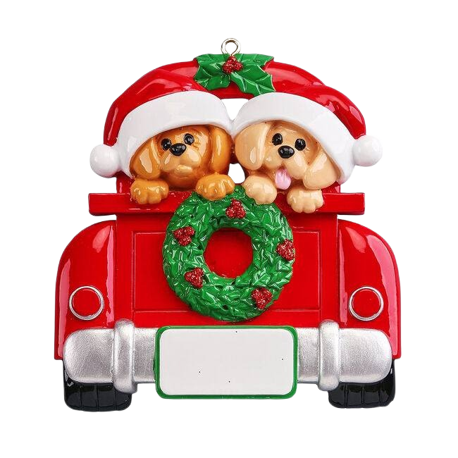 Two adorable dogs wearing Santa hats riding in festive red truck with green holly wreath for Christmas décor under $50 collection