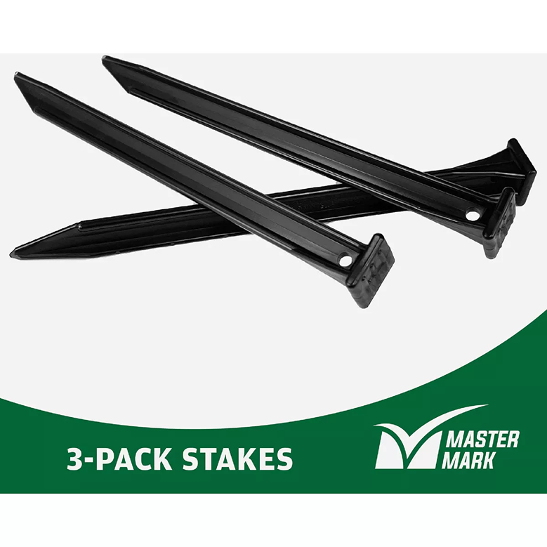 Three black HDPE edging stakes with square tops and hole for securing outdoor landscaping and home improvement use