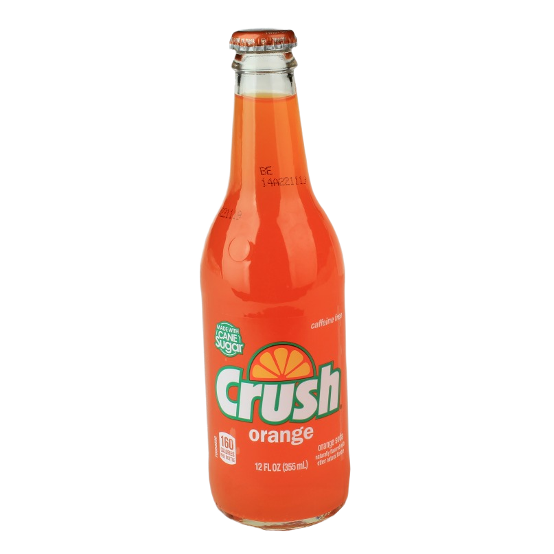 Glass bottle of bright orange soda with retro style label for refreshing beverage options