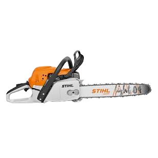 Orange and white fuel-efficient chainsaw with 20-inch bar and ergonomic handles, part of rental outdoor power equipment and tools at Hartville Hardware.