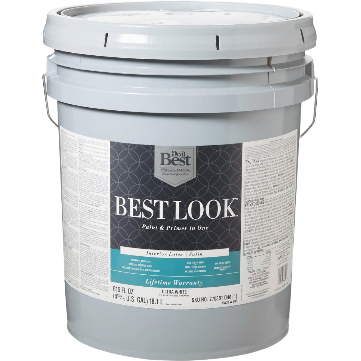 5-gallon bucket of ultra white interior latex satin paint and primer for home improvement projects