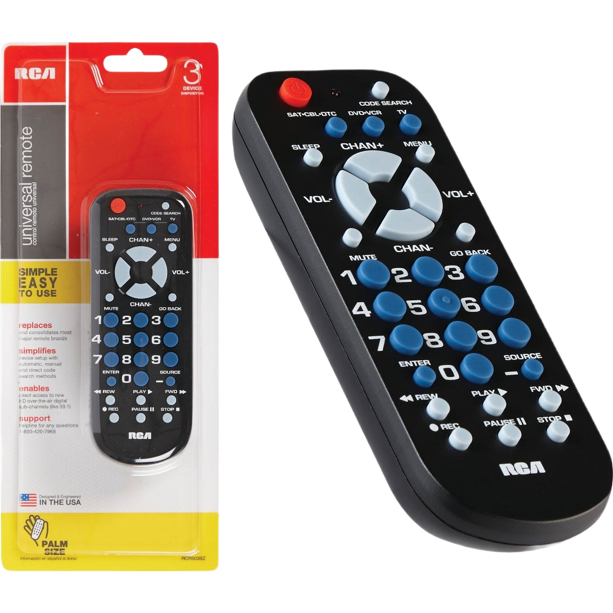 Compact black universal remote control with blue and white buttons, suitable for electrical and home improvement projects under $50 collection