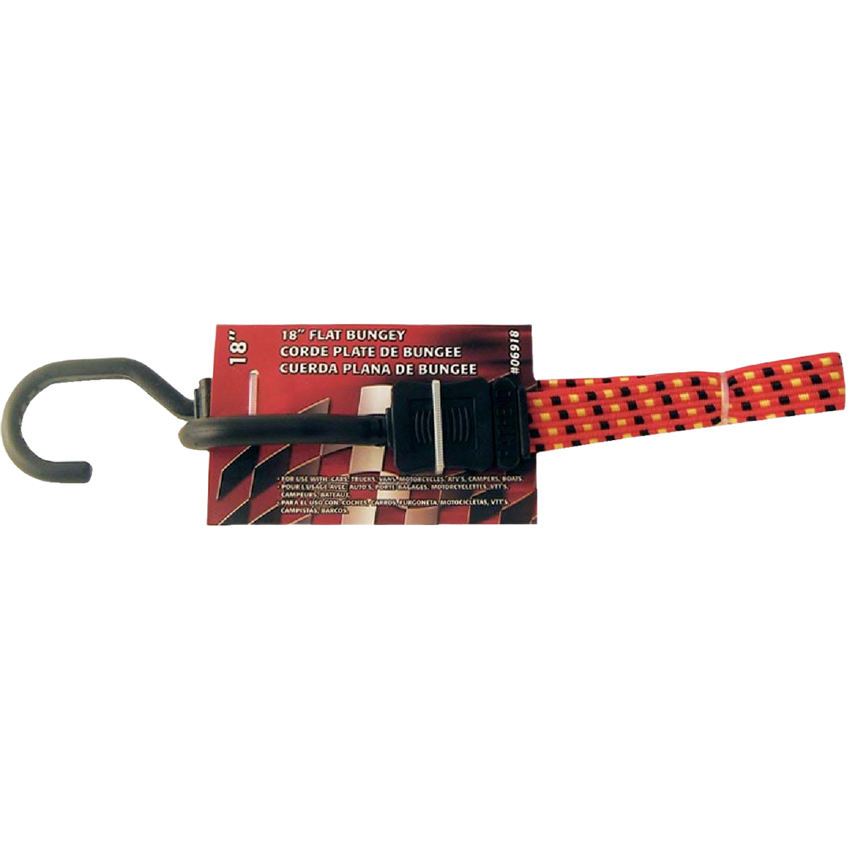 Flat red and black patterned bungee cord with metal hook designed for securing items in home improvement tasks