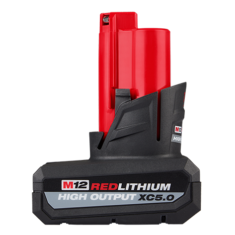 Compact red and black high output cordless power tool battery designed for home improvement tasks