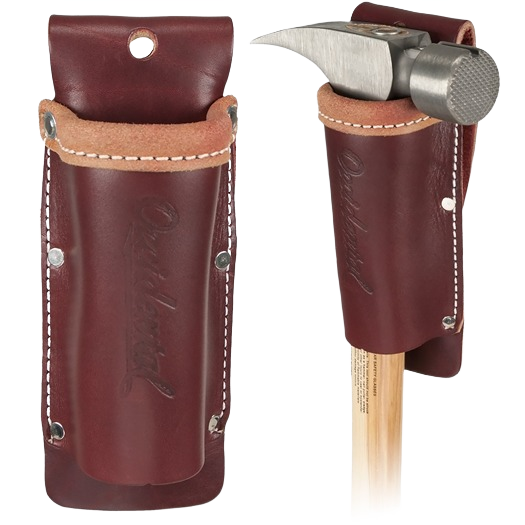Brown leather hammer holder with reinforced stitching for secure tool storage in woodworking and workshop organization collections
