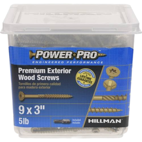 Plastic container of premium exterior wood screws with star drive and countersinking blades for outdoor hardware projects