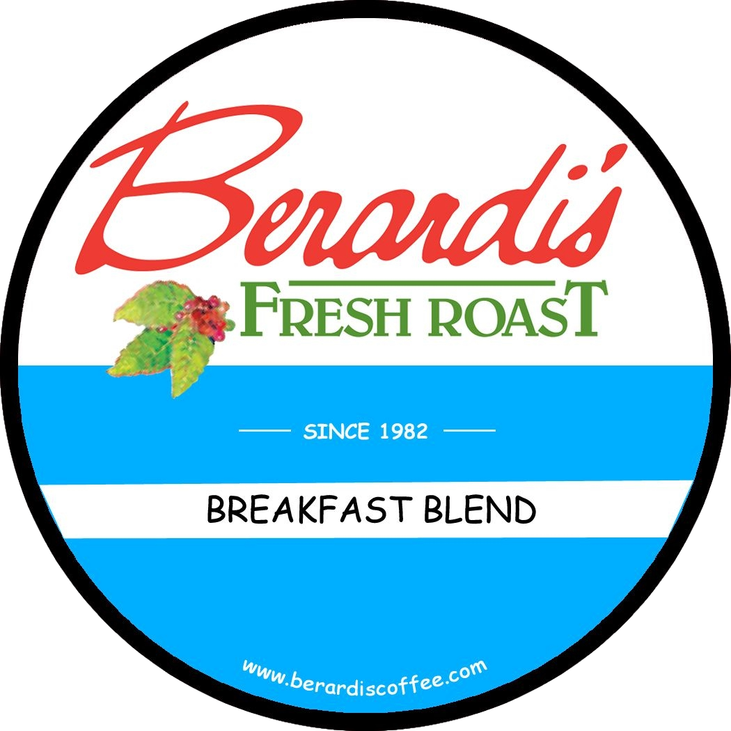 Round label design for Berardi's fresh roast breakfast blend coffee with red, green, and blue colors in drinks collection
