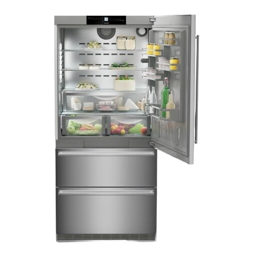Open stainless steel refrigerator with right hinge door, adjustable shelves, and dual bottom freezer drawers in Appliances collection