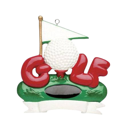 Christmas ornament featuring golf ball on tee with red letters on green putting green and white flag