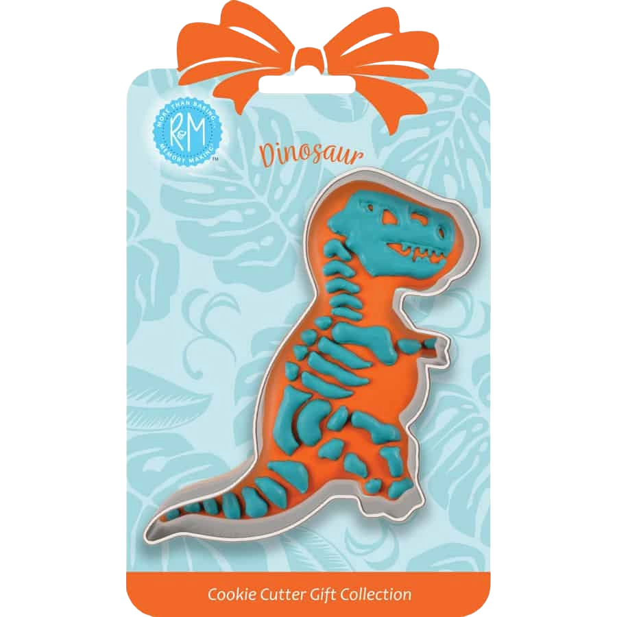 Tinplated steel dinosaur-shaped cookie cutter displayed in gift packaging from kitchenware bakeware collection