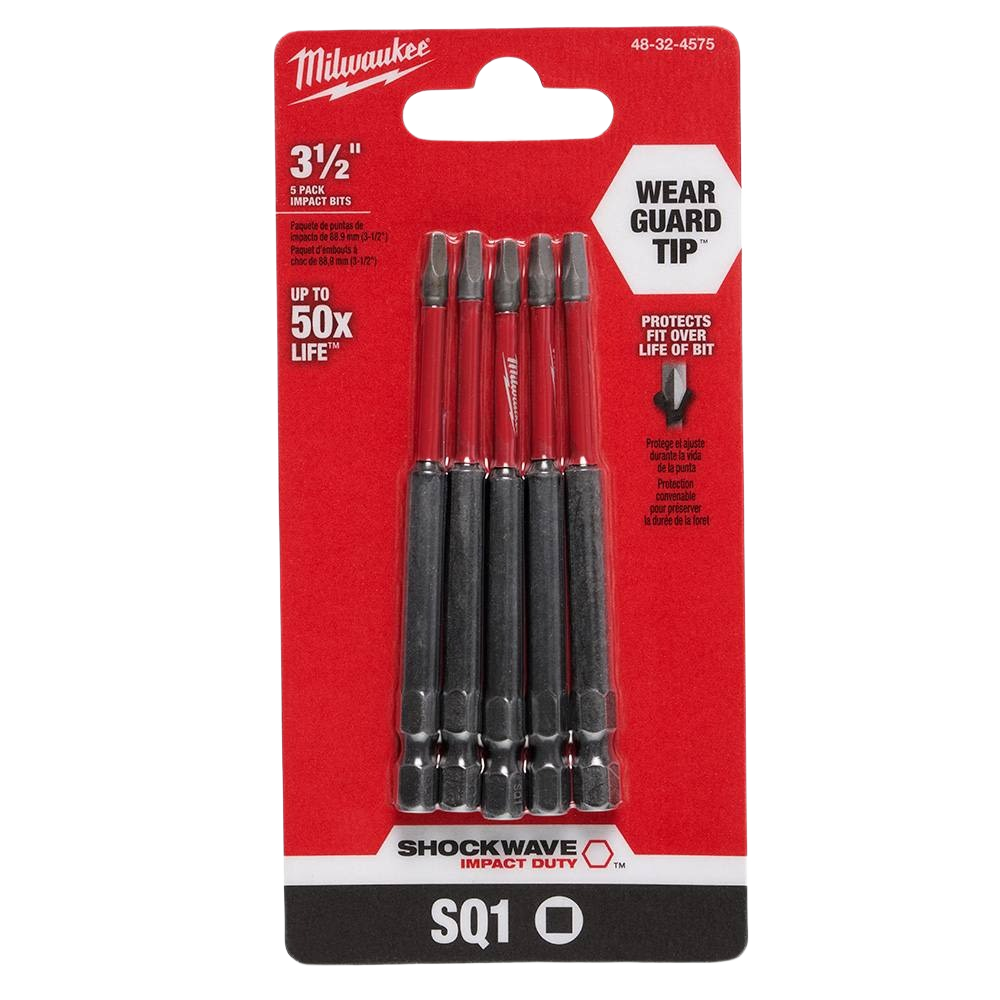 Pack of five durable Milwaukee 3-1/2 inch SQ1 impact square bits with Wear Guard Tip in tool accessories collection