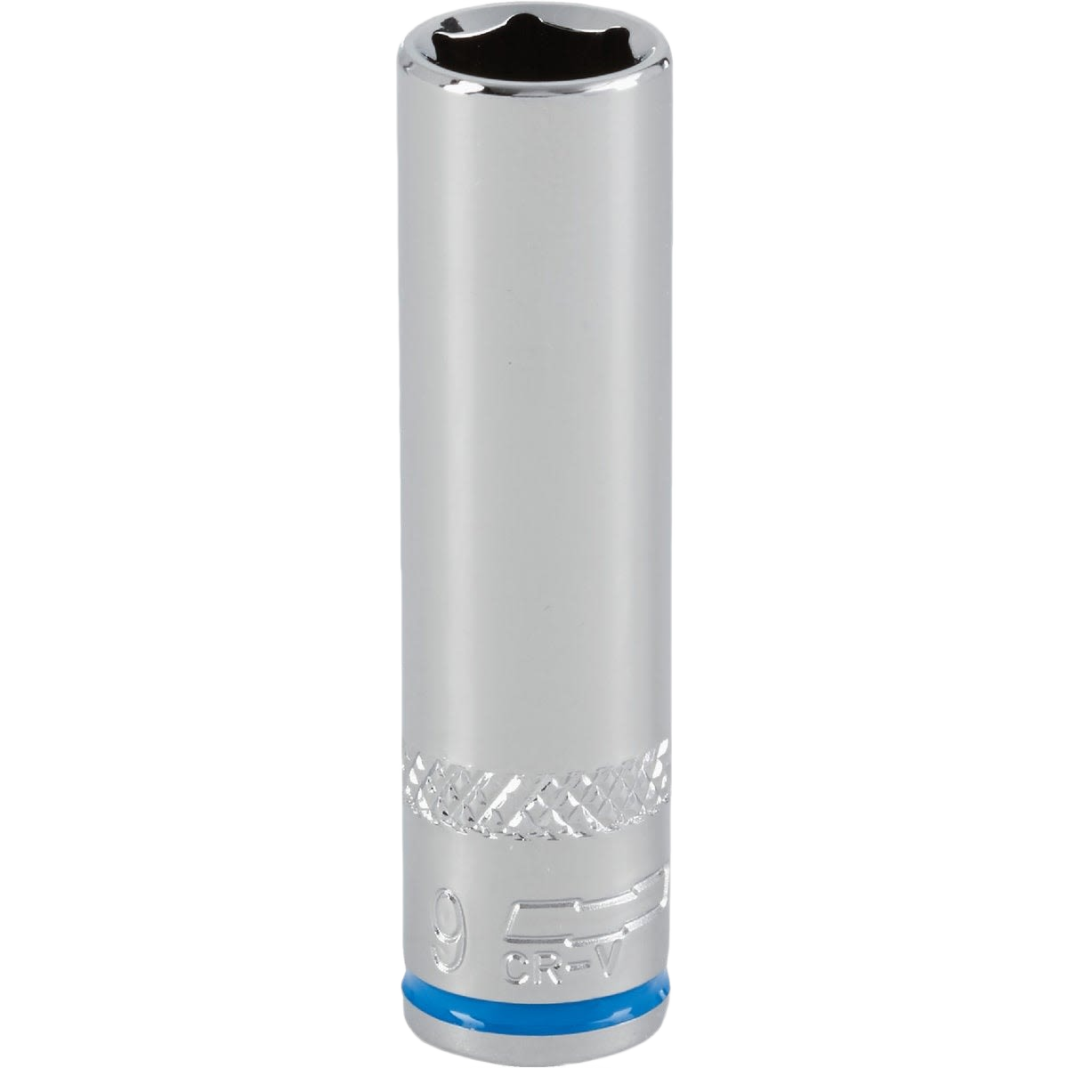 Chrome-plated deep socket with knurled grip and 6-point metric drive for professional tools and home improvement tasks