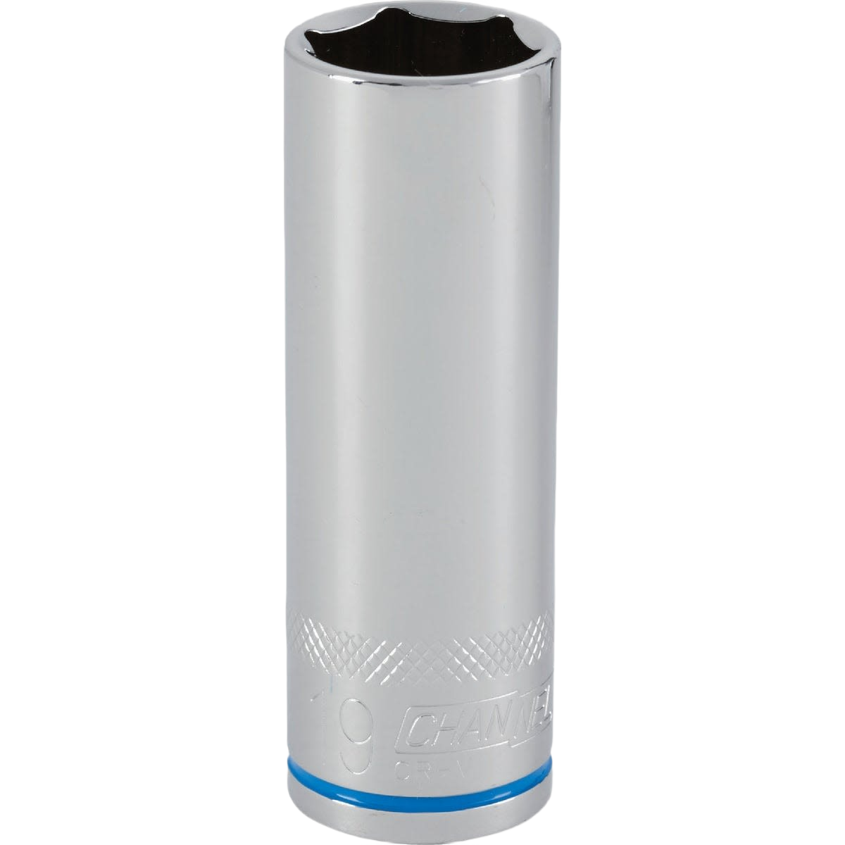 Chrome-finished 19mm deep metric socket with six-point opening for drive tools in home improvement tasks