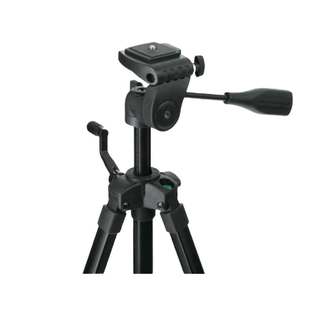 Black compact tripod with adjustable crank handle and quick-mount for laser tools in home improvement tasks