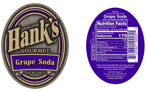 Oval label of Hank's grape soda in black, gold, and purple tones with classic vintage design elements