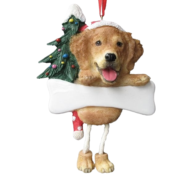 Playful golden retriever ornament with dangling legs wearing Santa hat and holding decorated Christmas tree for holiday decor