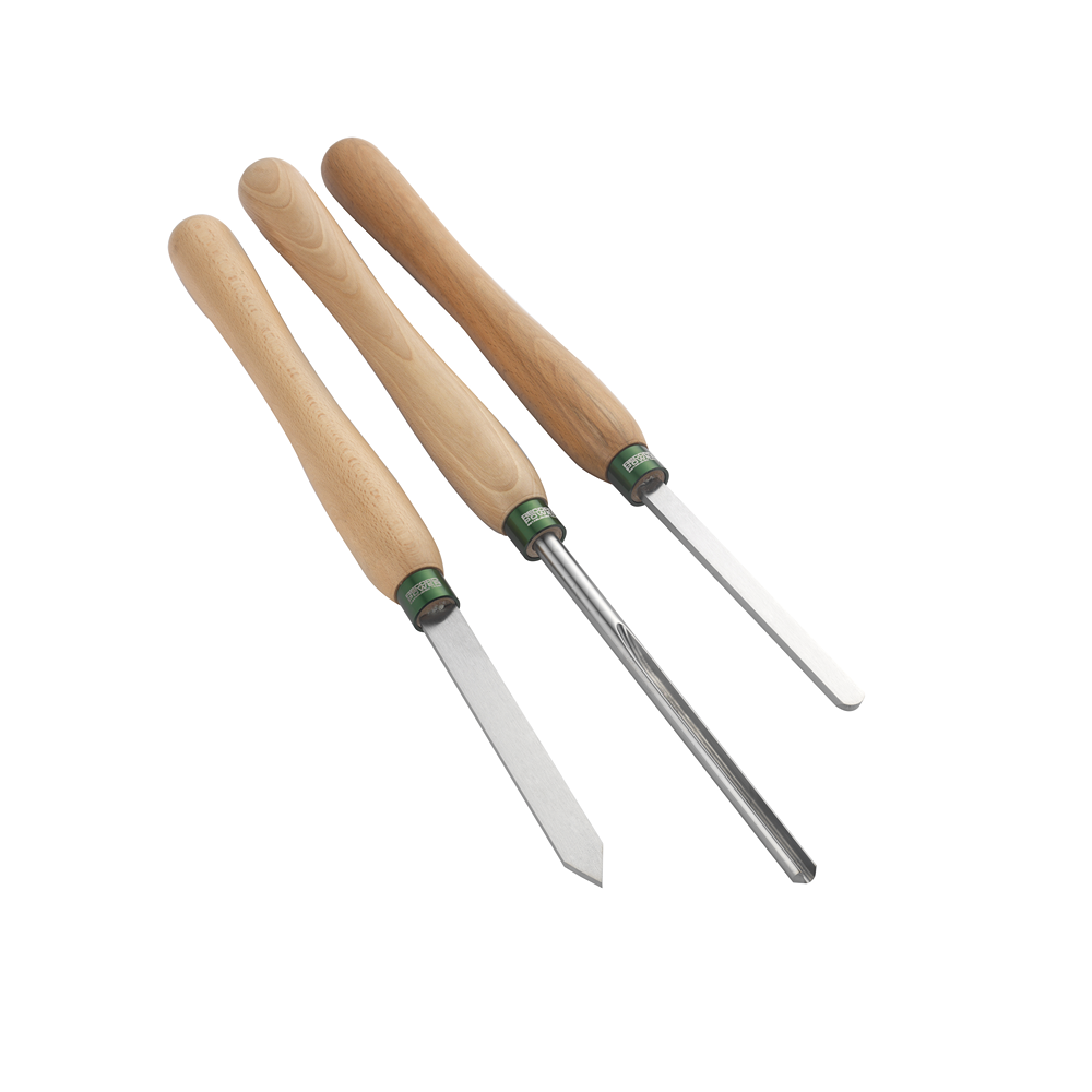 Three woodturning chisels with polished wooden handles and steel blades for bowl shaping and smoothing in woodworking projects