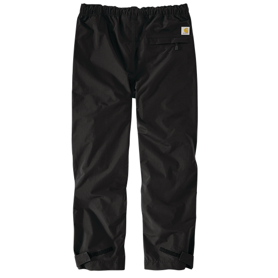 Tall black relaxed fit pants with elastic waist and zippered back pocket for durable outdoor wear